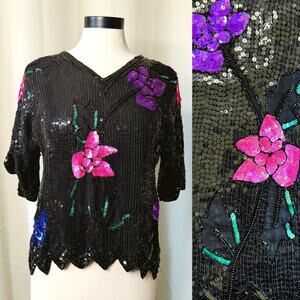 VTG 80s Petite Illustrations 100% Silk Sequin Glitter Floral Top